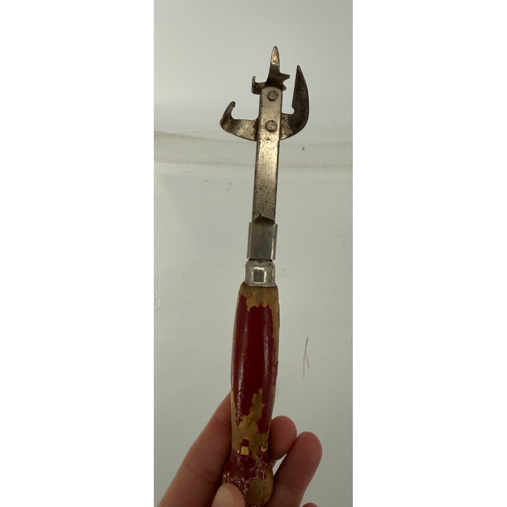 Vintage EKCO USA Manual Can Bottle Opener Red Wood Handle Kitchen Tool Metal